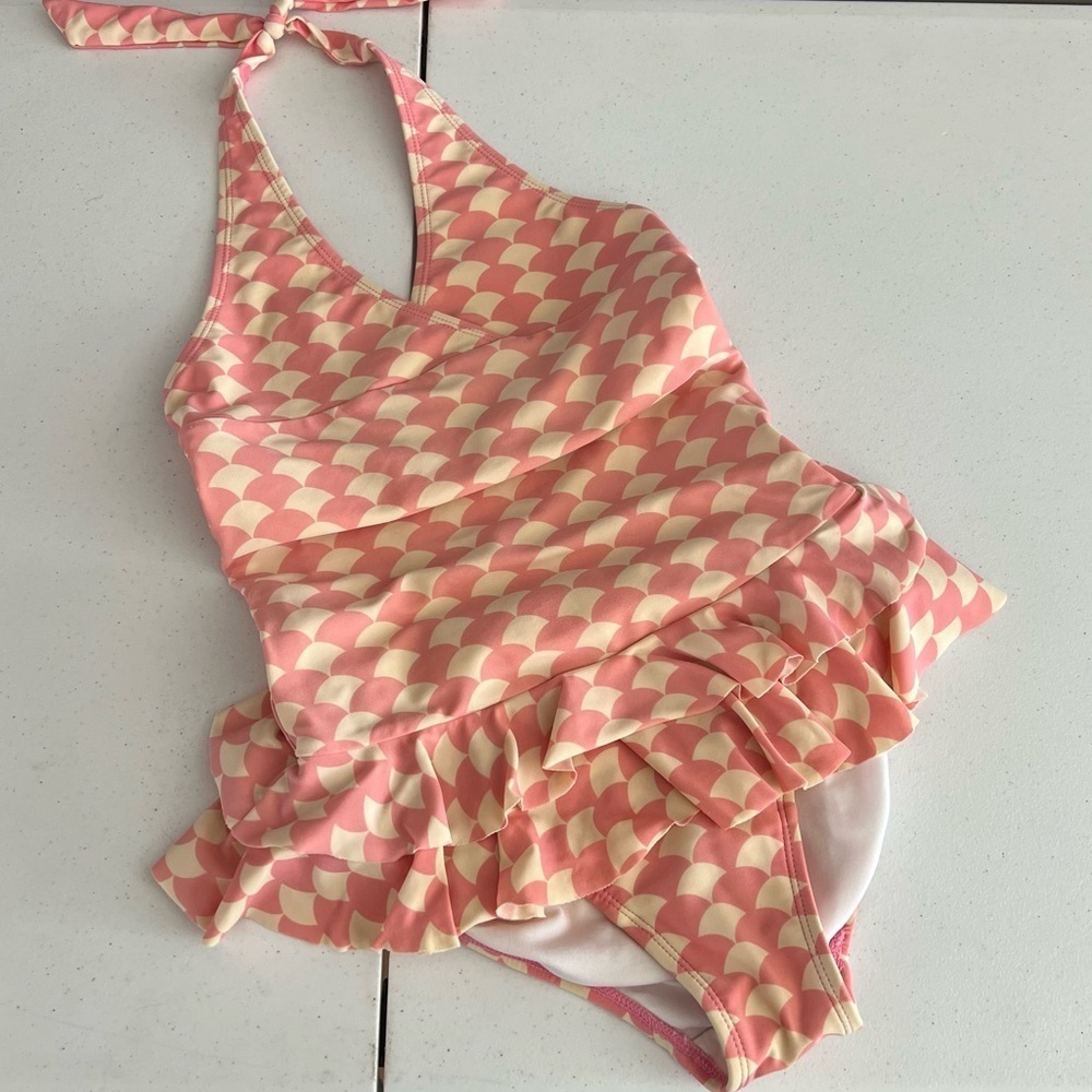 Hanna Andersson Girls Halter Swimsuit One Piece Fish Scale Skirted PinkCream 140